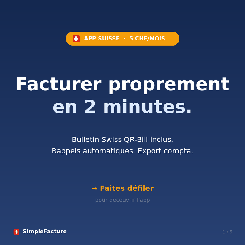 Aperçu SimpleFacture : tableau de bord, gestion clients, factures avec Swiss QR-Bill, rappels automatiques, sécurité suisse